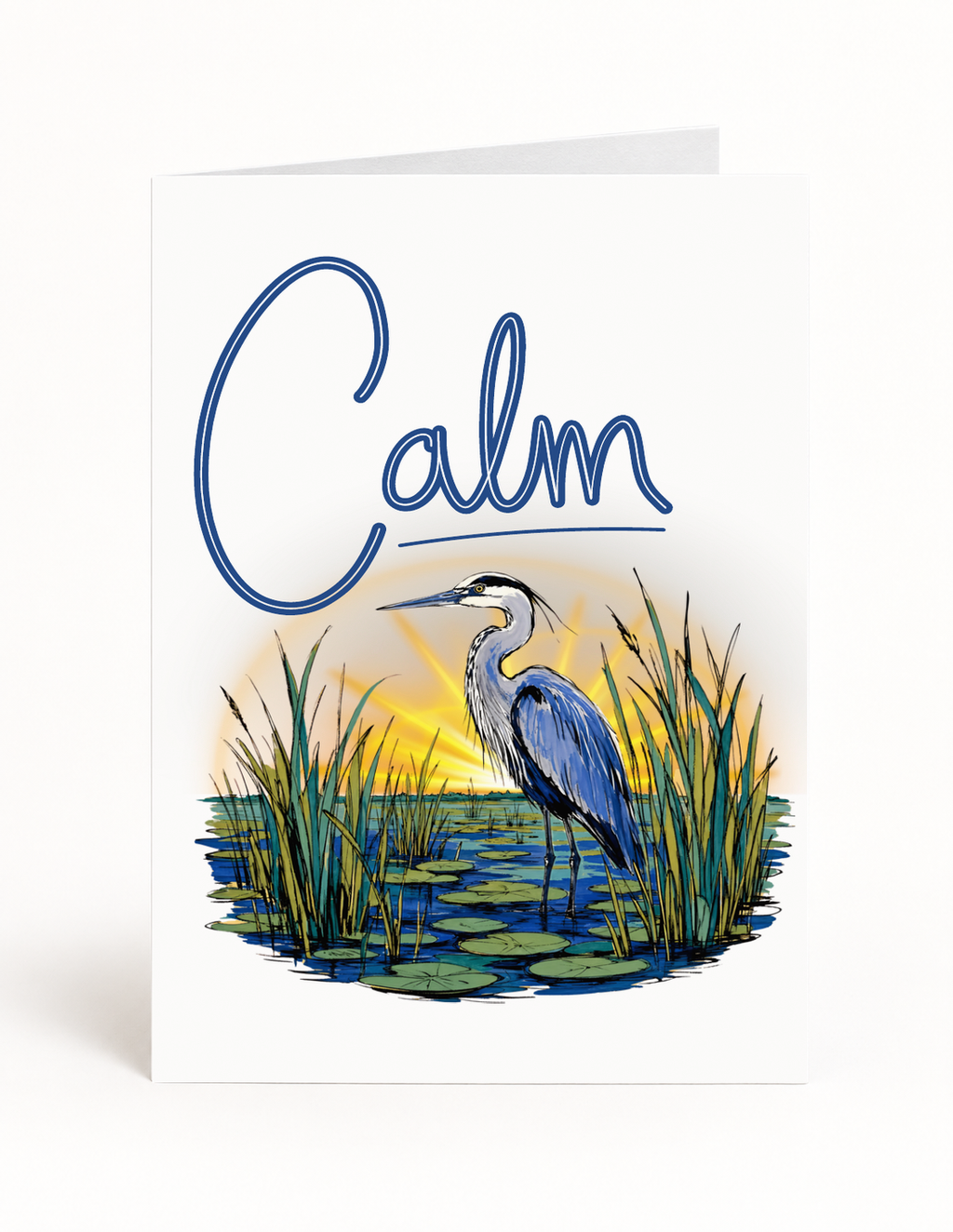 Calm encouragement card front with blue heron at sunrise