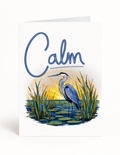 Calm encouragement card front with blue heron at sunrise