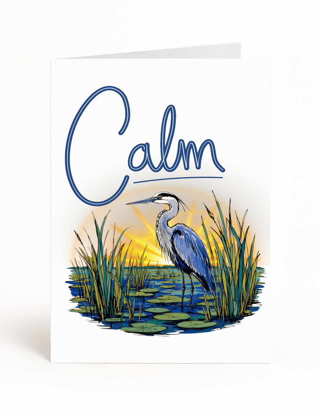 Calm encouragement card front with blue heron at sunrise