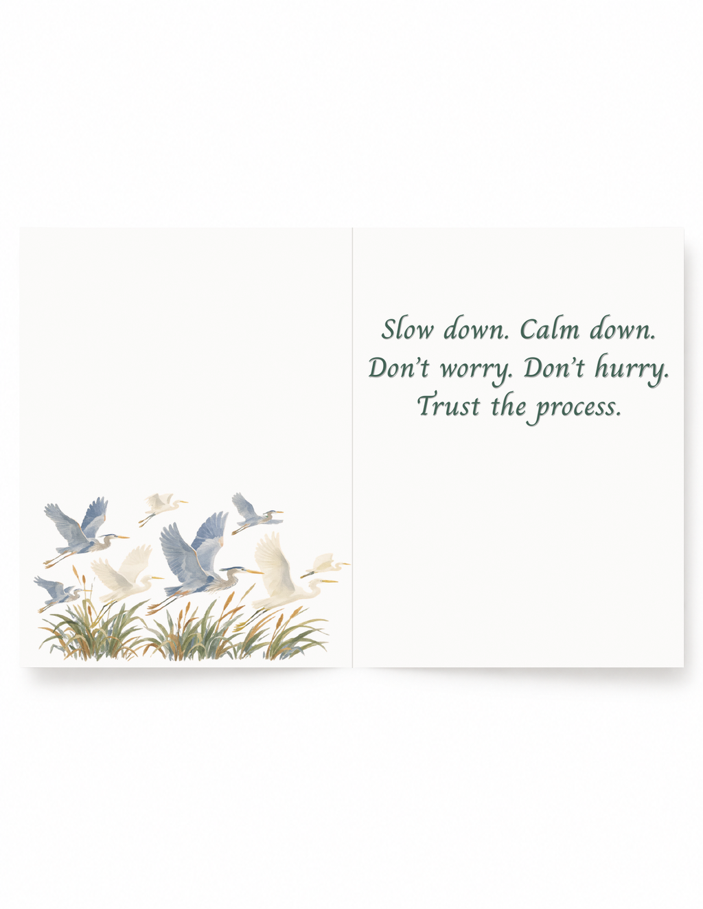 Inside of Calm encouragement card with flying herons and reassuring message