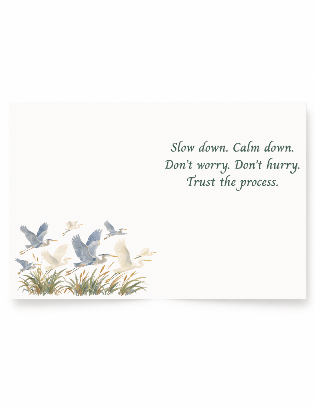 Inside of Calm encouragement card with flying herons and reassuring message