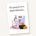 Great Halloween greeting card front with a skeleton relaxing beside Halloween candy