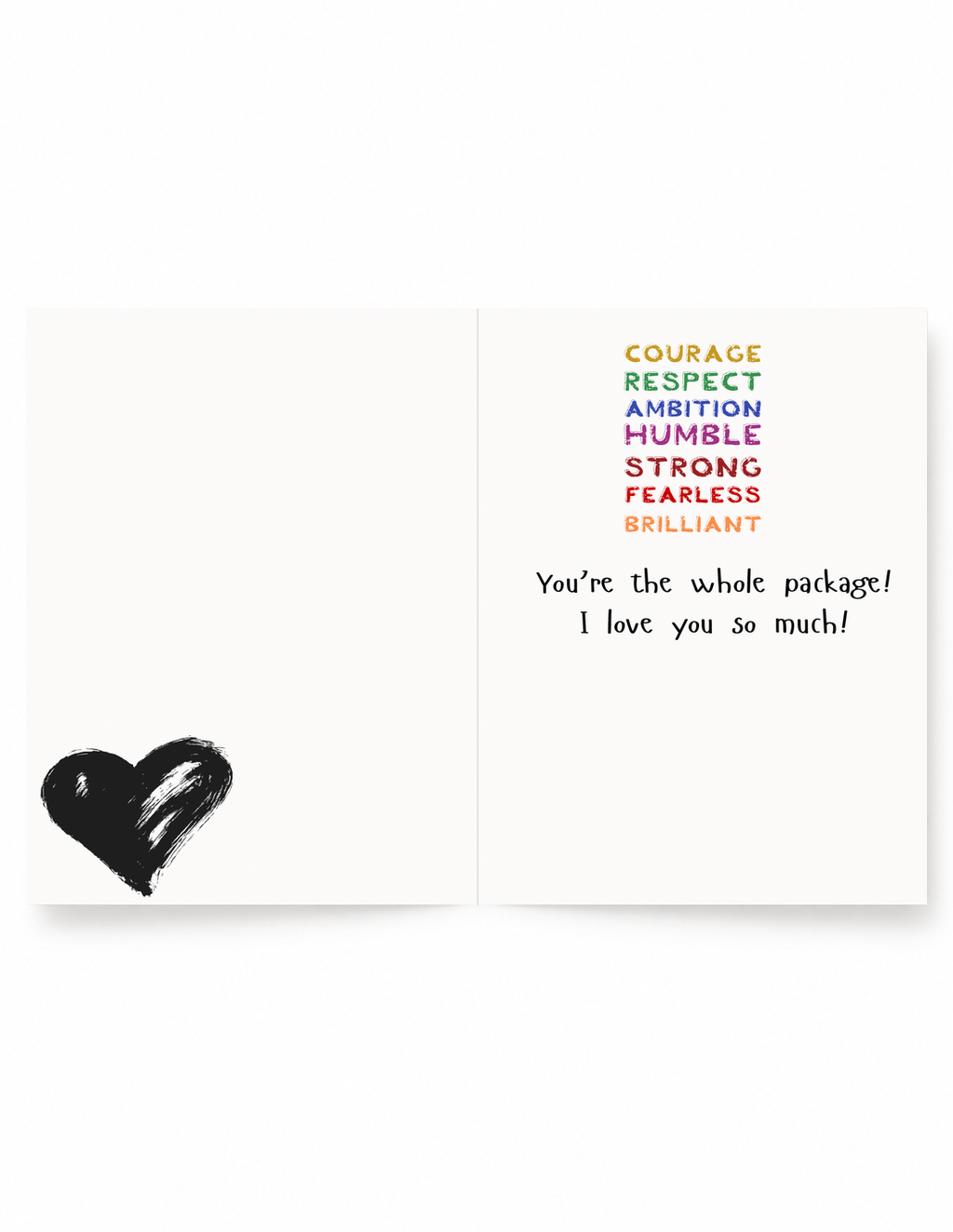 Inside of Whole Package love card with affirming words and heartfelt message